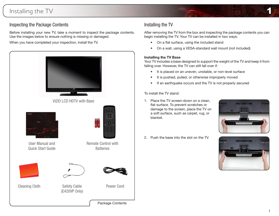 Installing the tv, Inspecting the package contents, Installing the tv base | Inspecting the package contents installing the tv | Vizio E420VP User Manual | Page 9 / 45