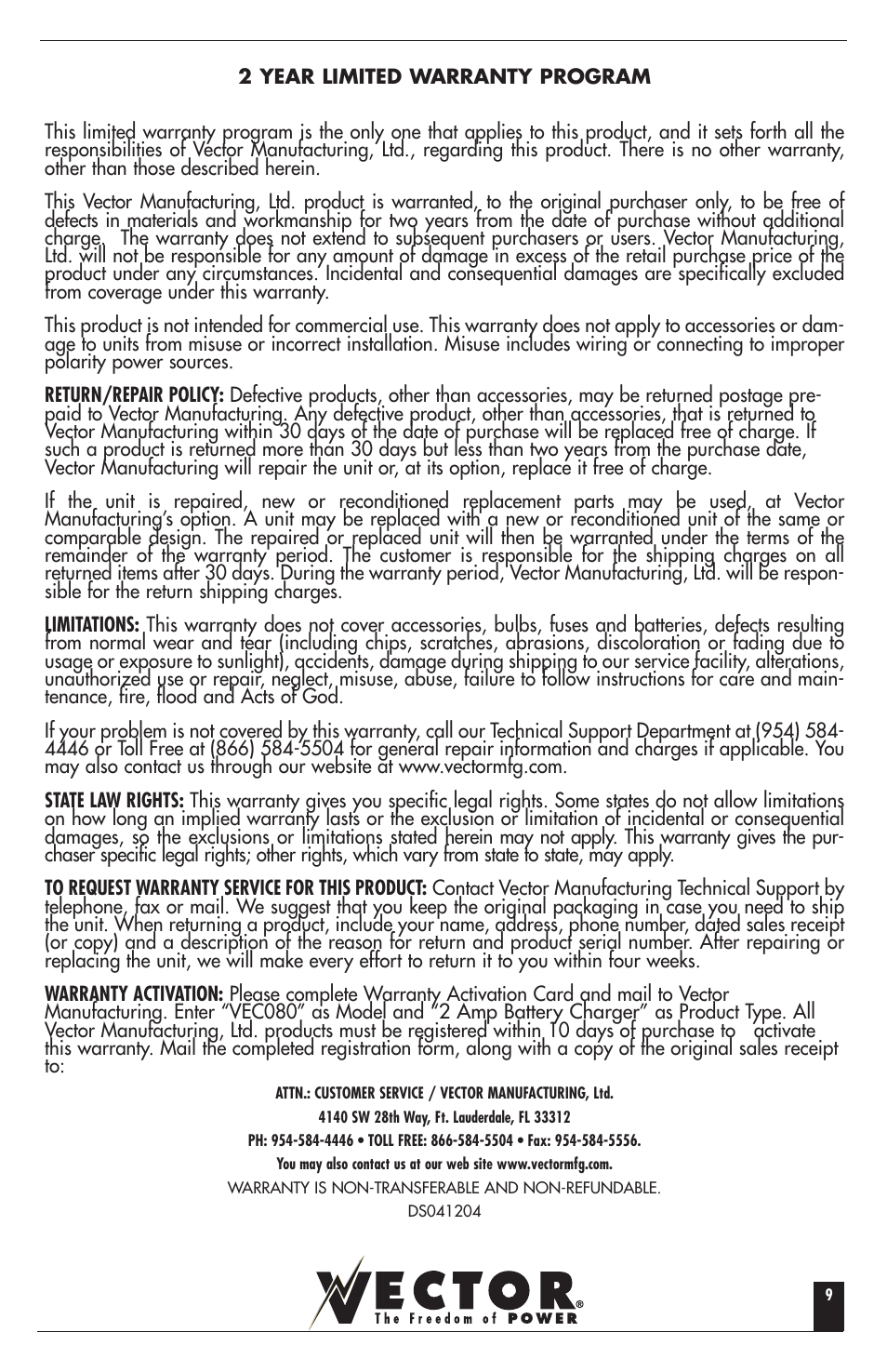 Vizio VECTOR VEC080 User Manual | Page 10 / 10