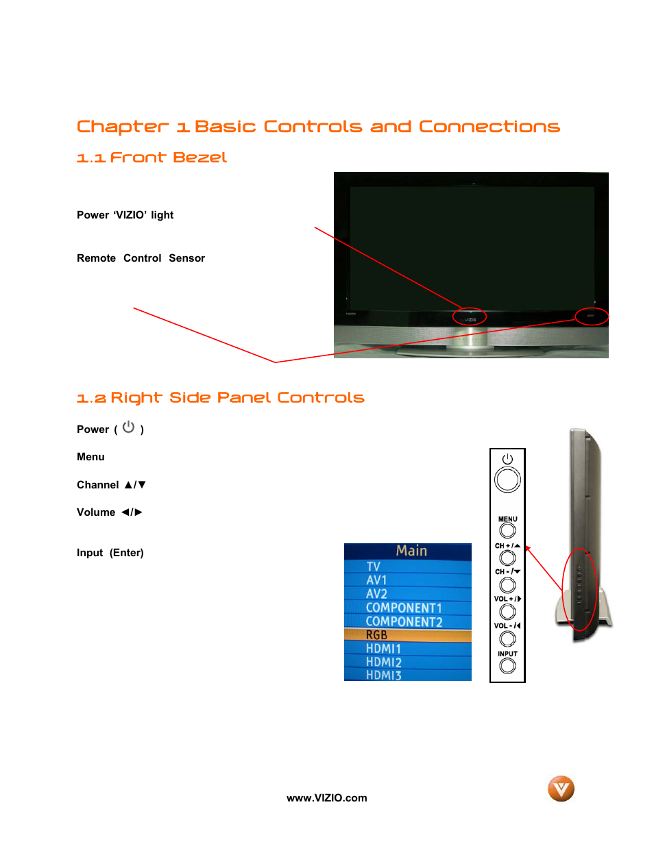 Chapter 1 basic controls and connections, Front bezel, 2 right side panel controls | 1 front bezel | Vizio GV46L FHDTV20A User Manual | Page 11 / 85