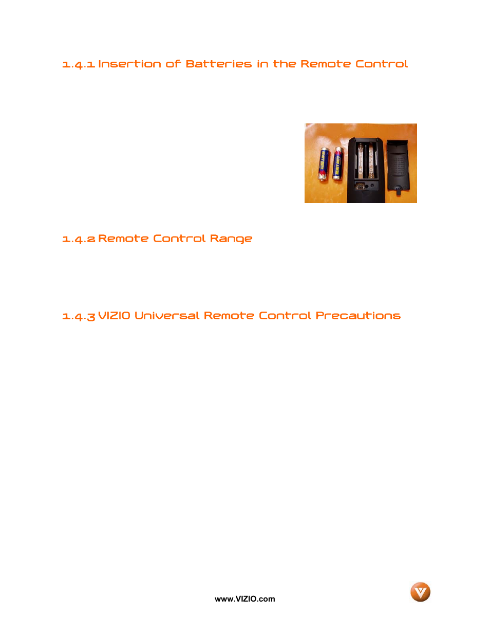 1 insertion of batteries in the remote control, 2 remote control range, 3 vizio universal remote control precautions | Vizio GV46L FHDTV20A User Manual | Page 17 / 85