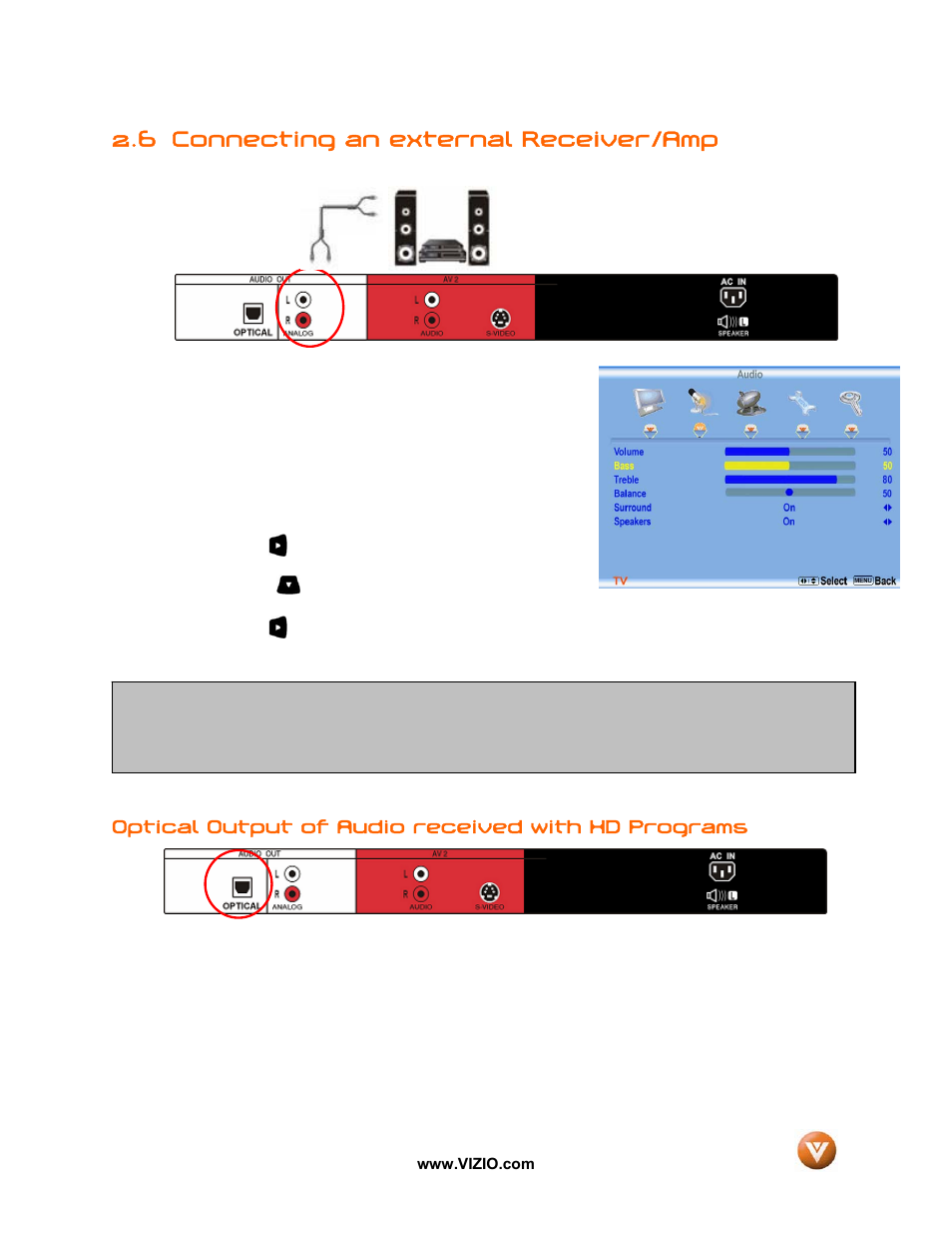 6 connecting an external receiver/amp | Vizio GV46L FHDTV20A User Manual | Page 30 / 85