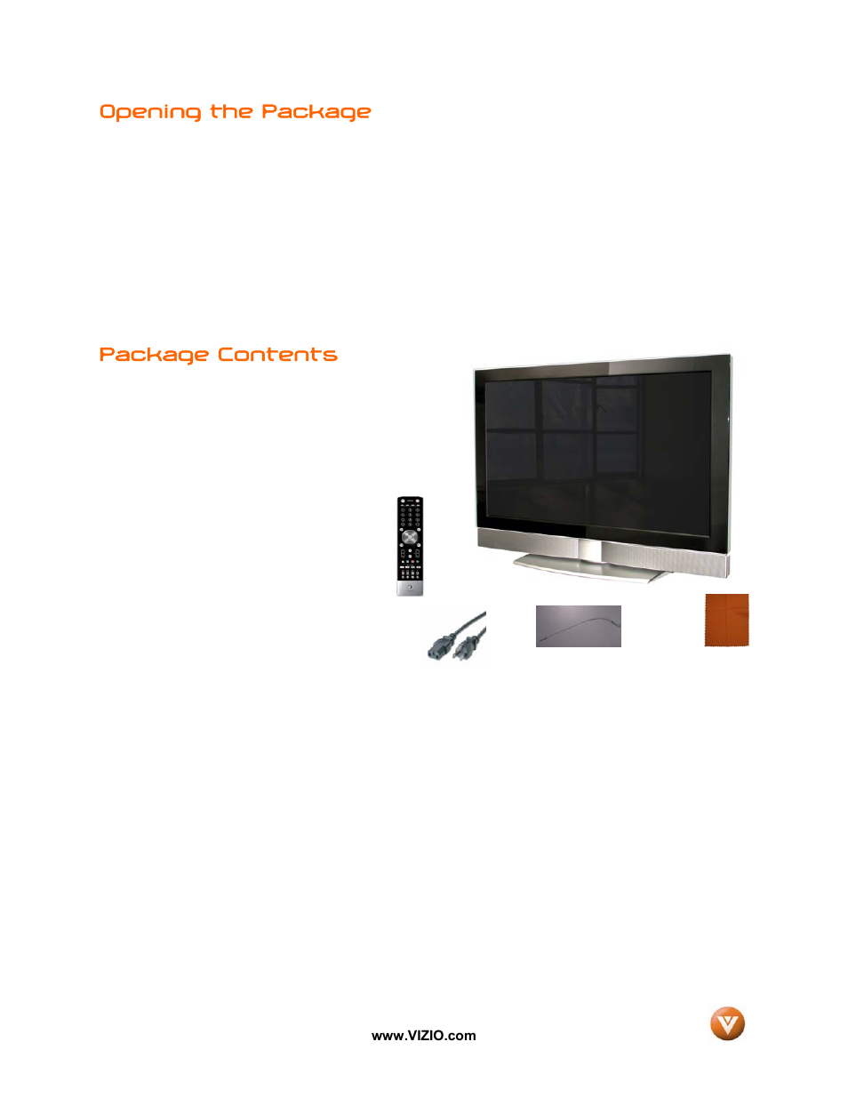 Opening the package, Package contents | Vizio GV46L FHDTV20A User Manual | Page 4 / 85