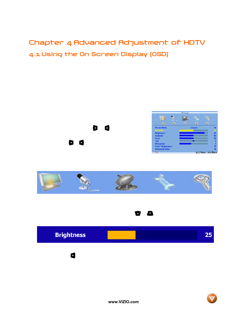 Chapter 4 advanced adjustment of hdtv, 1 using the on screen display (osd) | Vizio GV46L FHDTV20A User Manual | Page 40 / 85