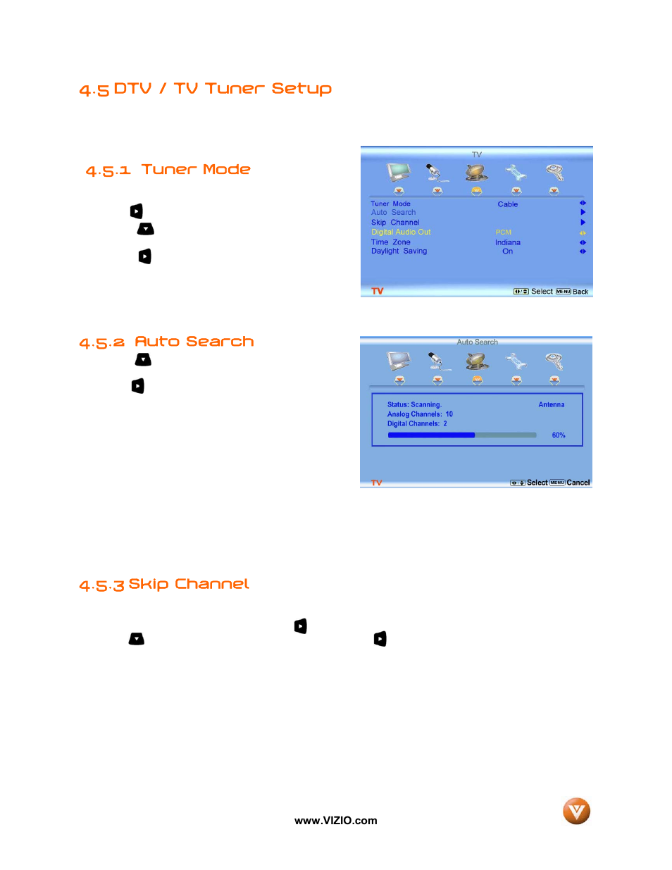 5 dtv / tv tuner setup, 1 tuner mode, Auto search | 3 skip channel, 2 auto search | Vizio GV46L FHDTV20A User Manual | Page 47 / 85