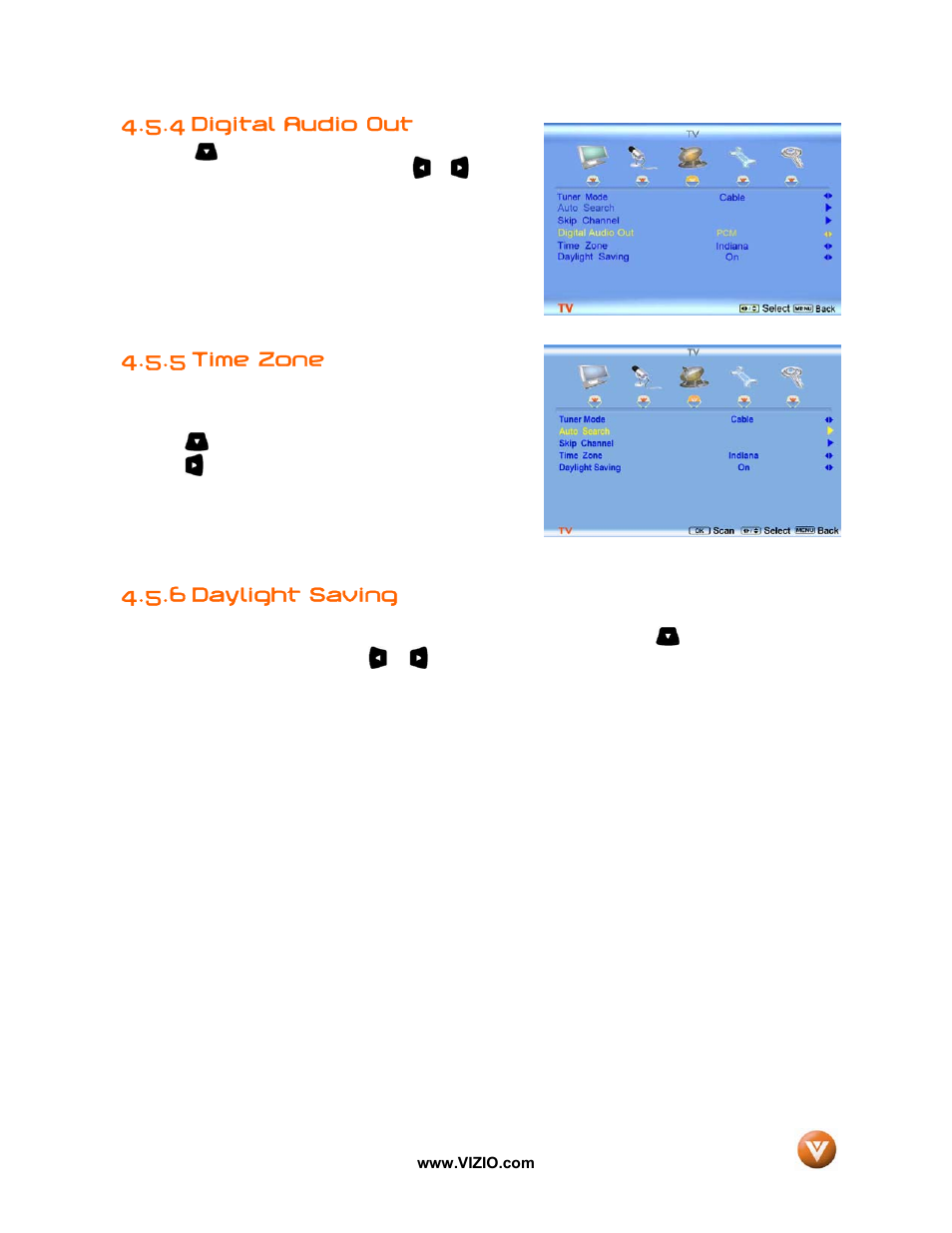 Digital audio out, Time zone, 6 daylight saving | 4 digital audio out, 5 time zone | Vizio GV46L FHDTV20A User Manual | Page 48 / 85