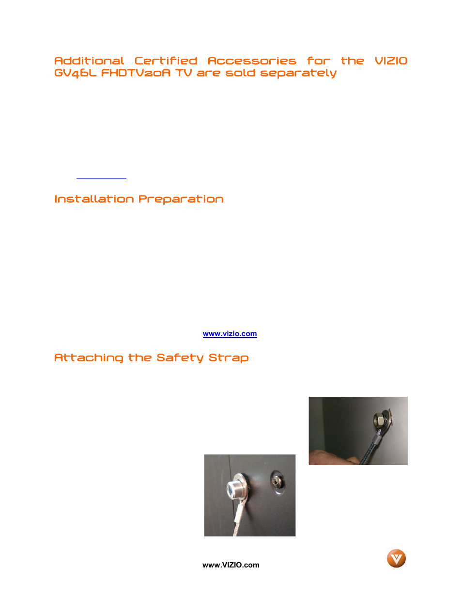 Installation preparation, Attaching the safety strap | Vizio GV46L FHDTV20A User Manual | Page 5 / 85