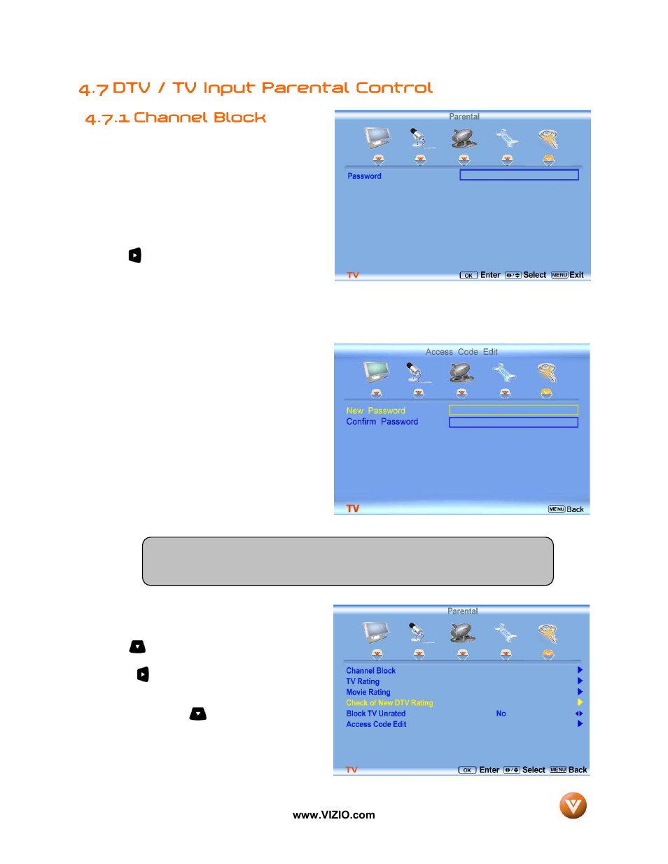 7 dtv / tv input parental control, Channel block, 1 channel block | Vizio GV46L FHDTV20A User Manual | Page 51 / 85