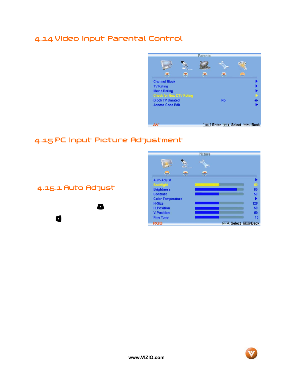 14 video input parental control, 15 pc input picture adjustment, 1 auto adjust | Vizio GV46L FHDTV20A User Manual | Page 57 / 85