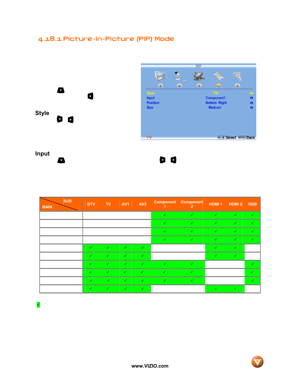 1 picture-in-picture (pip) mode, Style, Input | Vizio GV46L FHDTV20A User Manual | Page 62 / 85