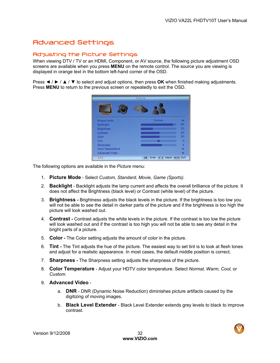 Advanced settings | Vizio VA22LF User Manual | Page 32 / 52
