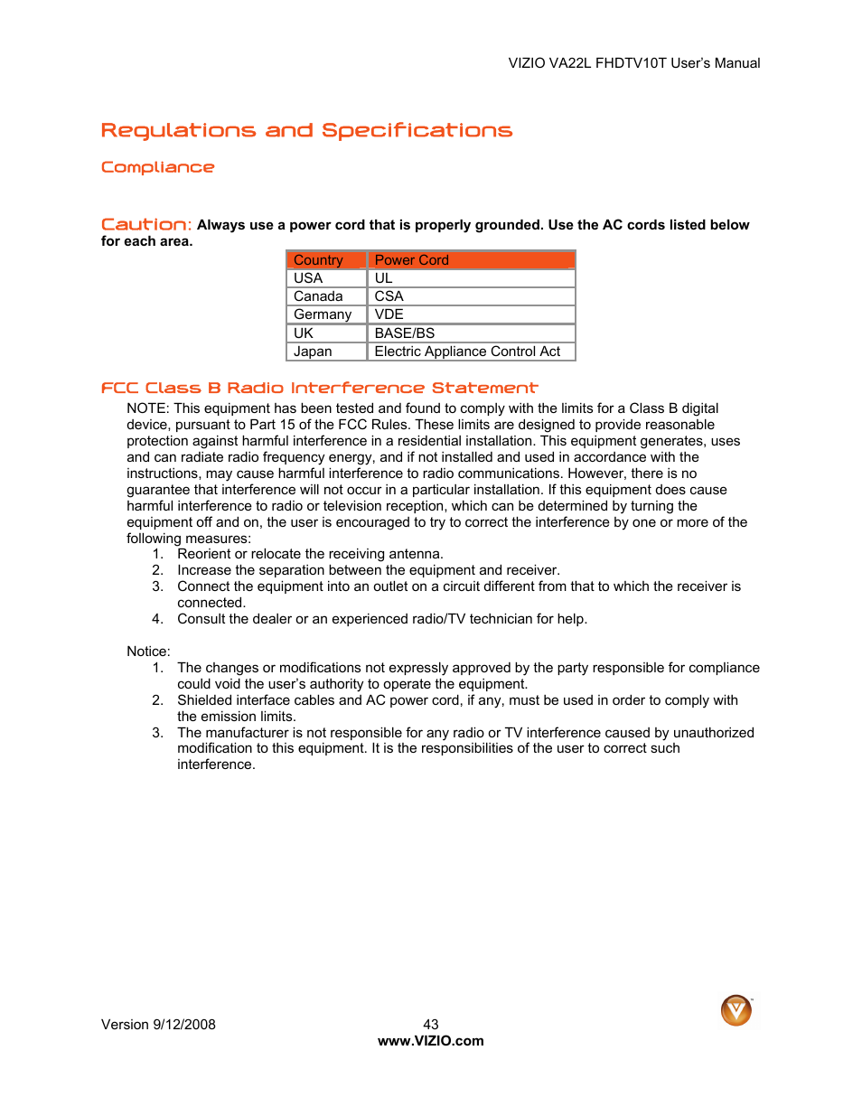 Regulations and specifications | Vizio VA22LF User Manual | Page 43 / 52