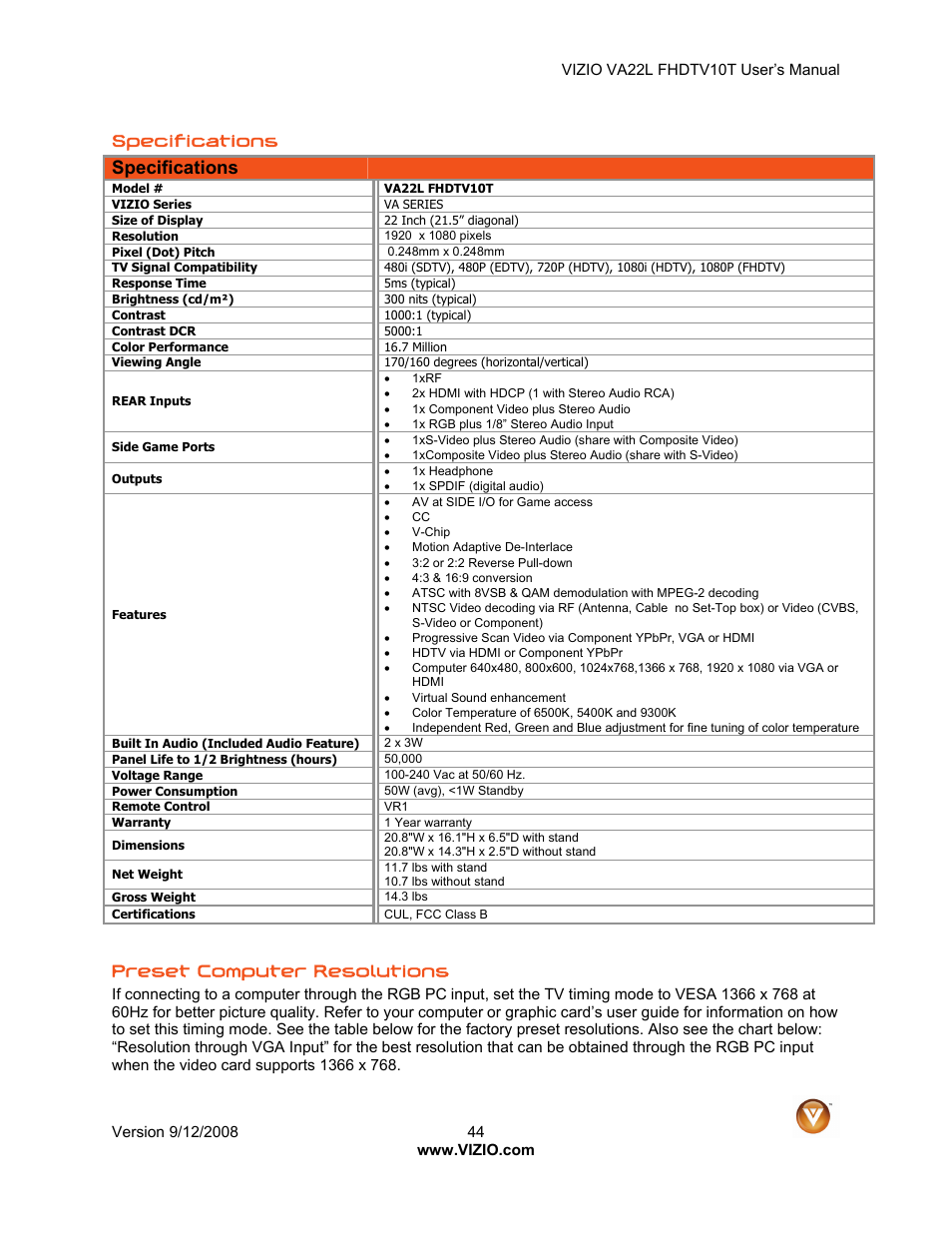 Specifications, Preset computer resolutions | Vizio VA22LF User Manual | Page 44 / 52