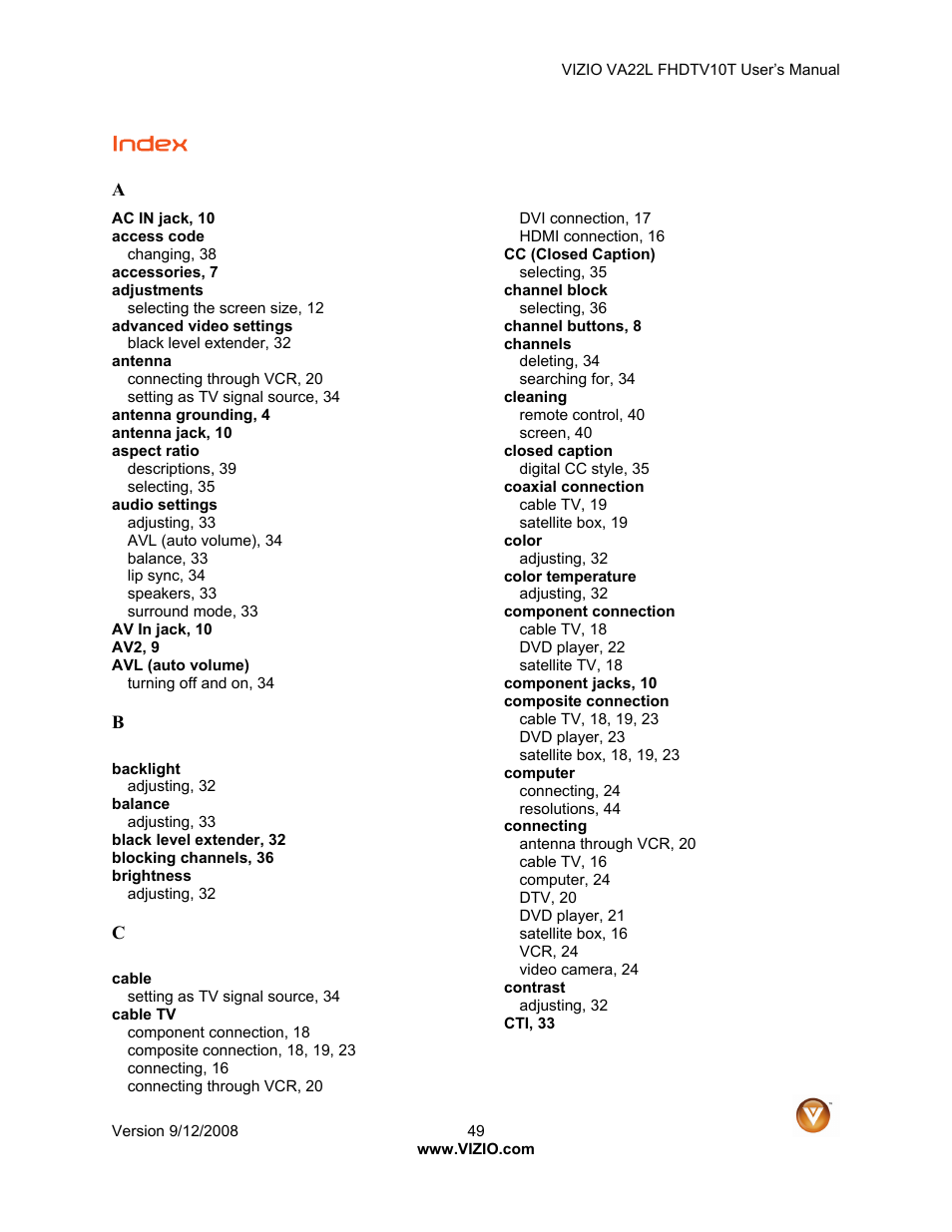 Index | Vizio VA22LF User Manual | Page 49 / 52