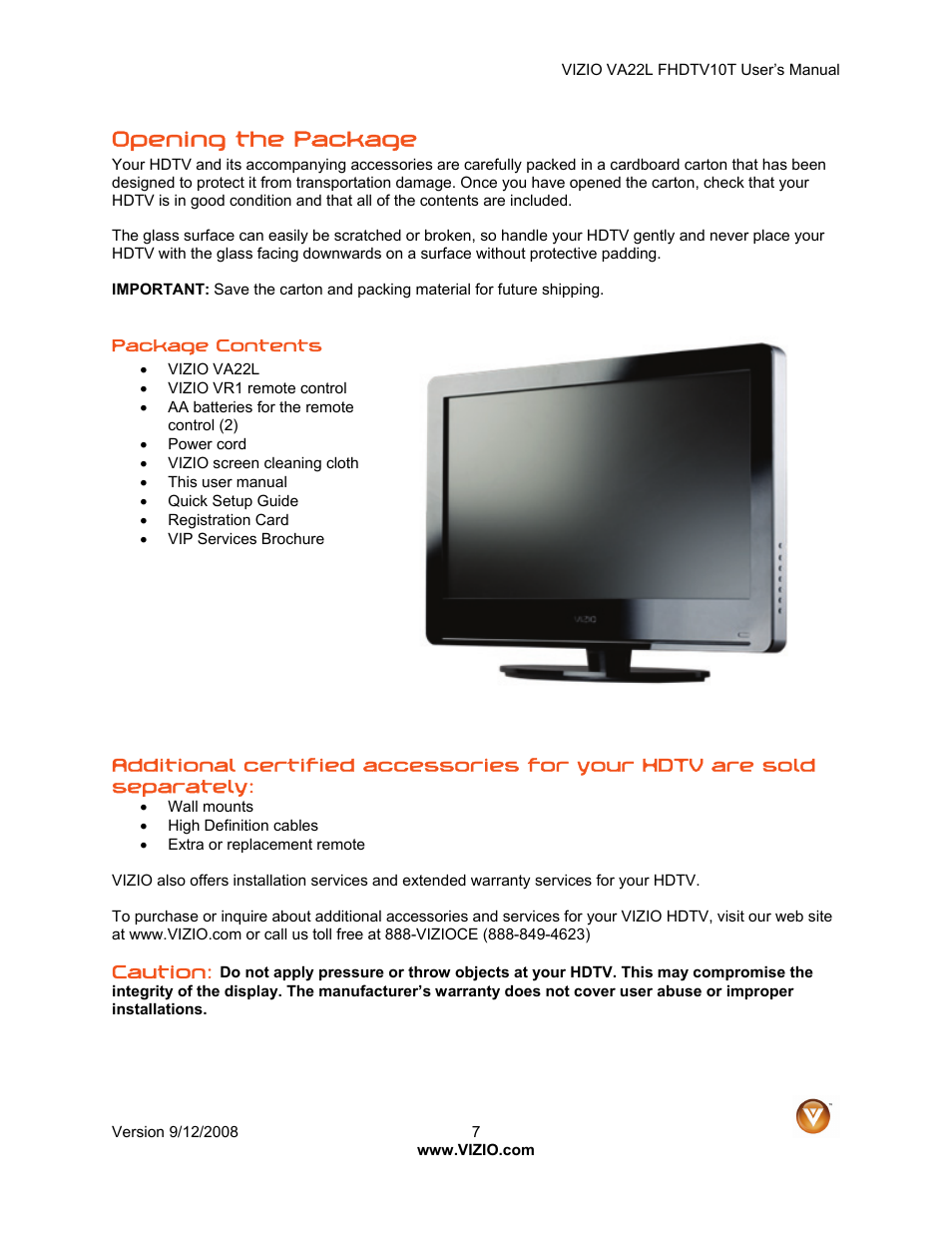 Opening the package | Vizio VA22LF User Manual | Page 7 / 52