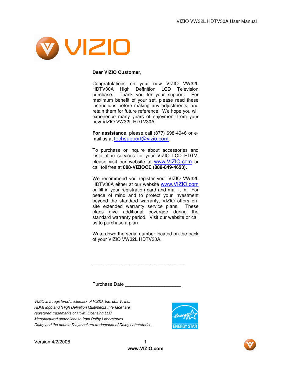 Vizio HDTV30A VW32L User Manual | 71 pages