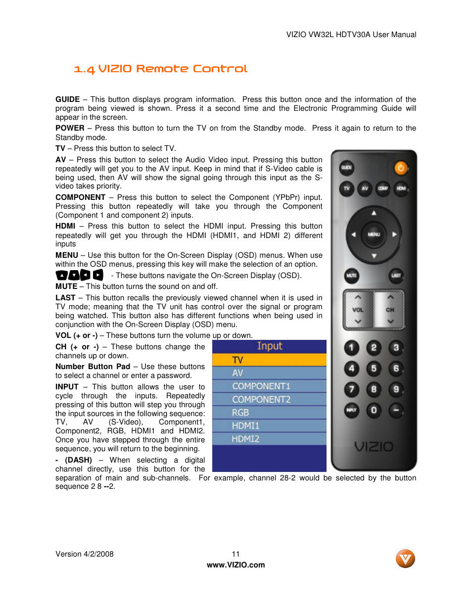 Vizio HDTV30A VW32L User Manual | Page 11 / 71