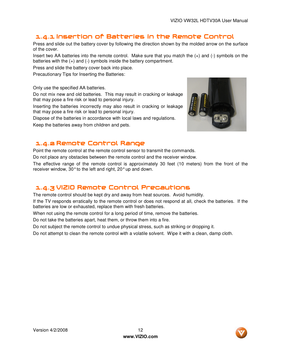 Vizio HDTV30A VW32L User Manual | Page 12 / 71