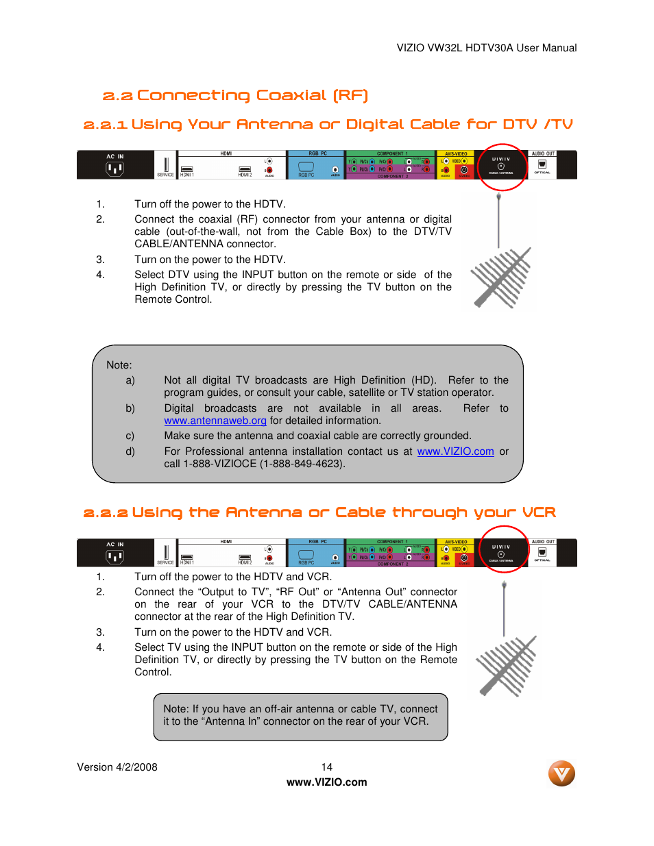 Vizio HDTV30A VW32L User Manual | Page 14 / 71