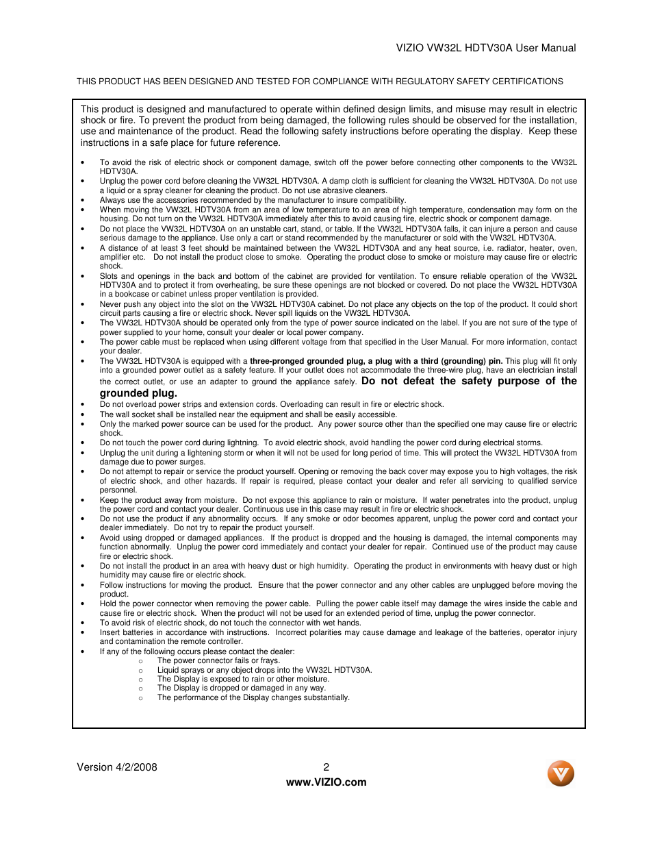 Vizio HDTV30A VW32L User Manual | Page 2 / 71