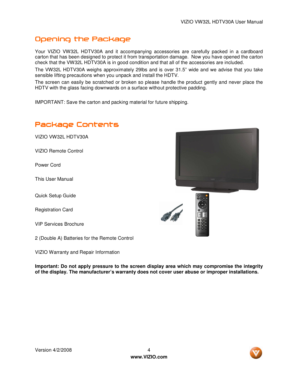 Opening the package, Package contents | Vizio HDTV30A VW32L User Manual | Page 4 / 71