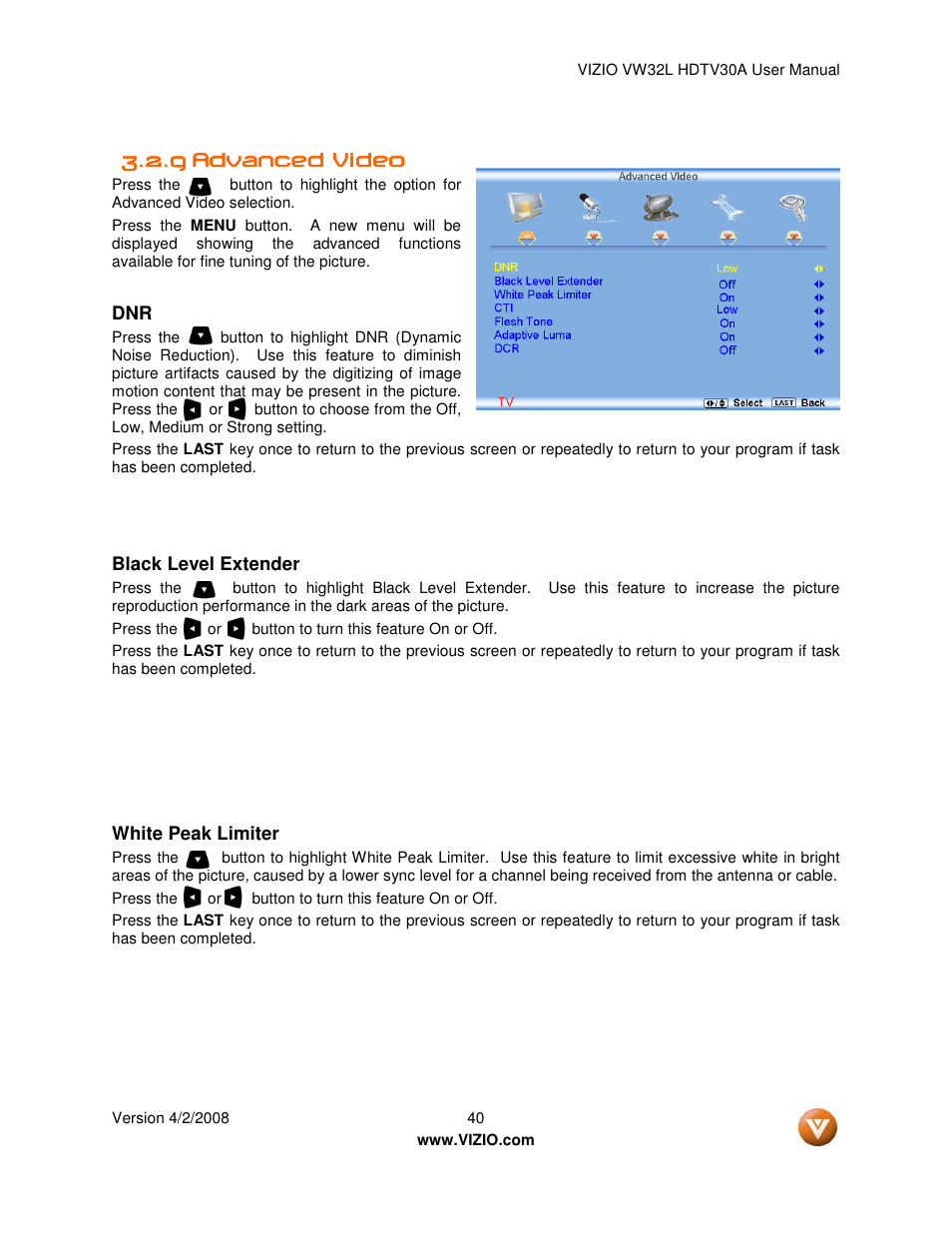 Vizio HDTV30A VW32L User Manual | Page 40 / 71