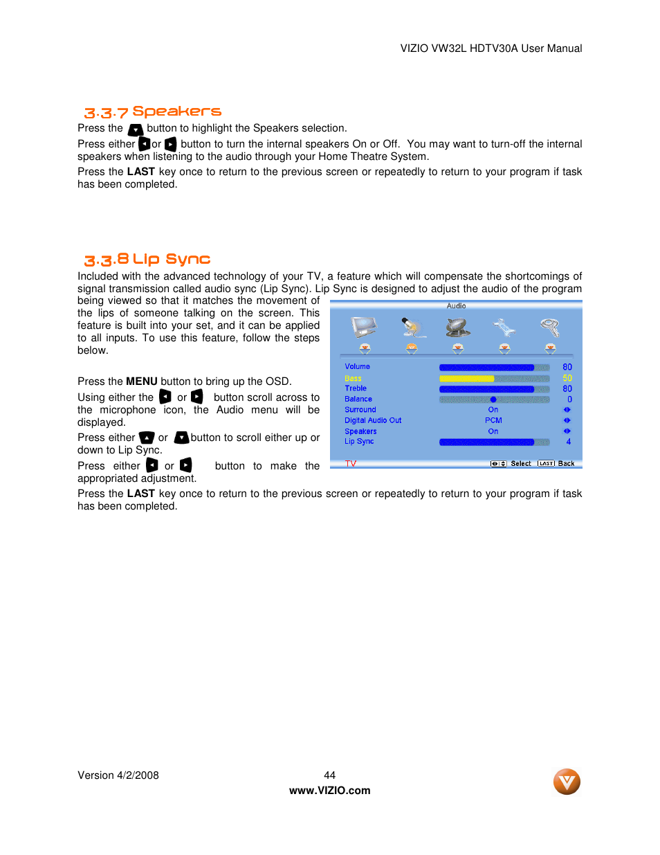 Vizio HDTV30A VW32L User Manual | Page 44 / 71