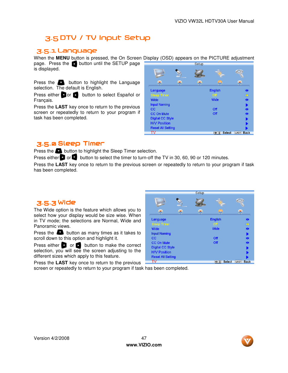 Vizio HDTV30A VW32L User Manual | Page 47 / 71