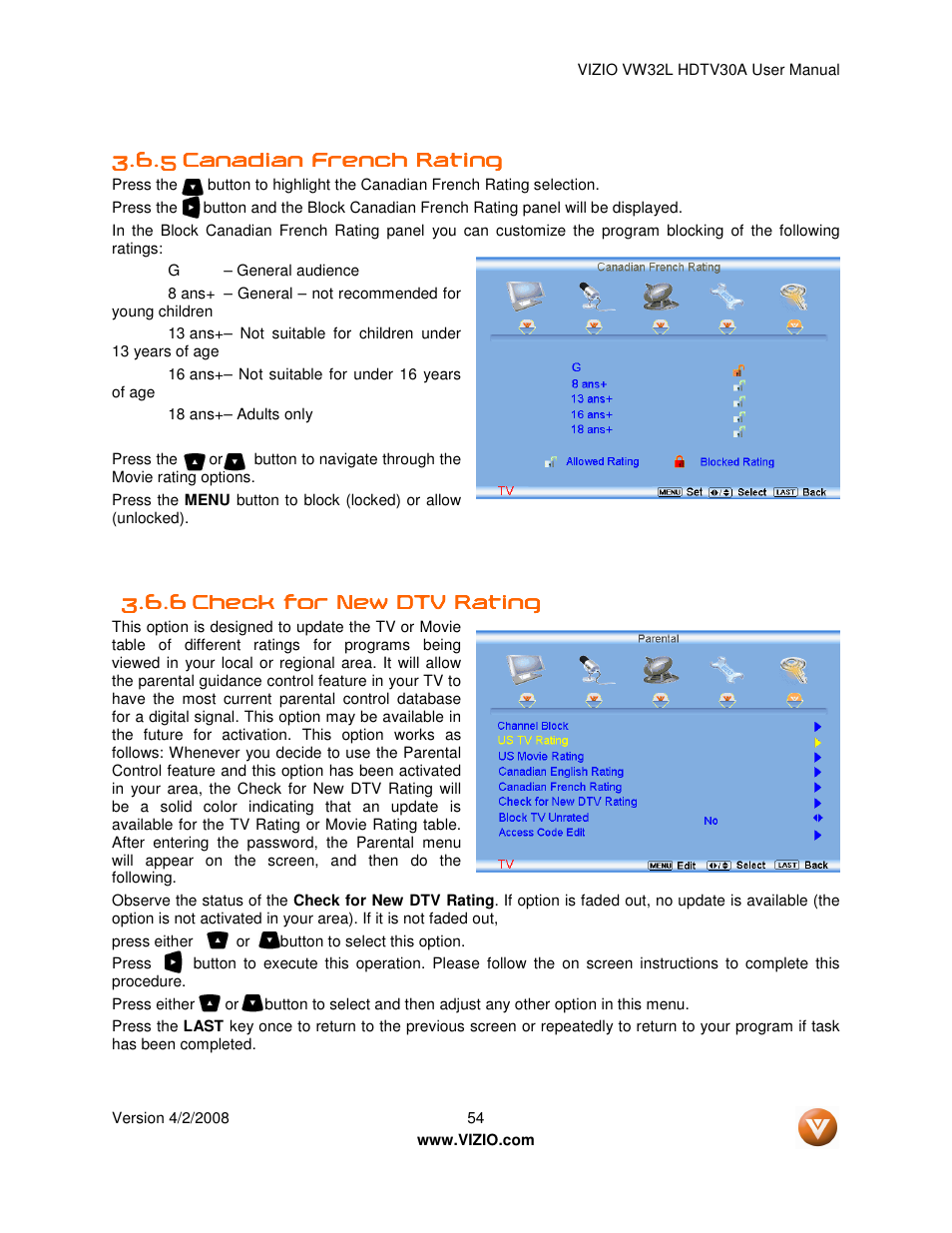 Vizio HDTV30A VW32L User Manual | Page 54 / 71