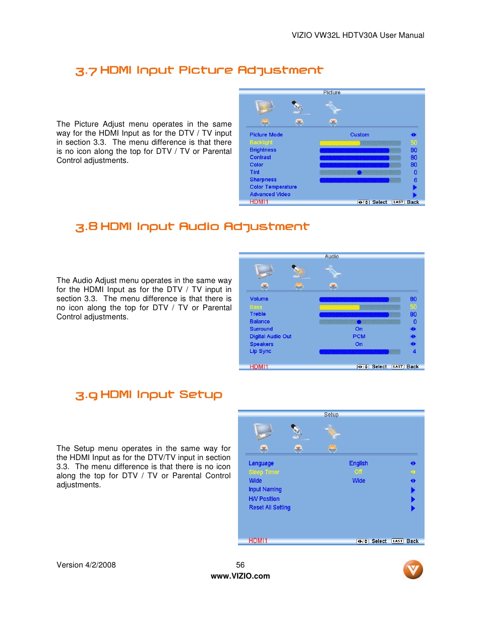 Vizio HDTV30A VW32L User Manual | Page 56 / 71