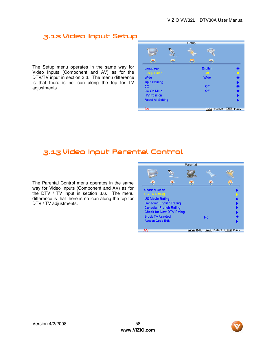 Vizio HDTV30A VW32L User Manual | Page 58 / 71