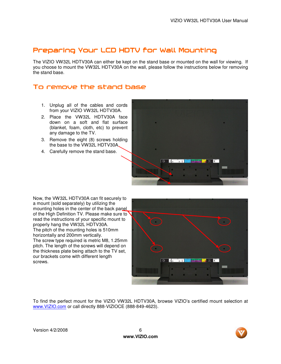 Preparing your lcd hdtv for wall mounting | Vizio HDTV30A VW32L User Manual | Page 6 / 71