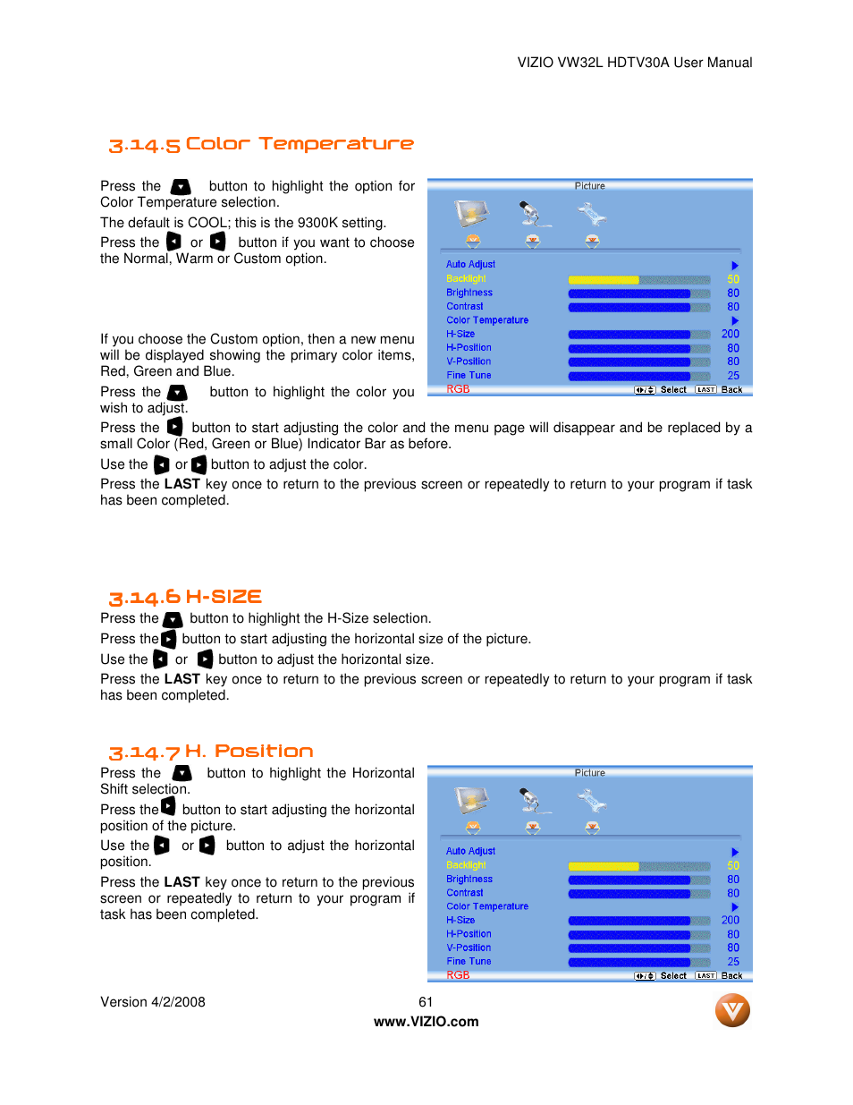 Vizio HDTV30A VW32L User Manual | Page 61 / 71