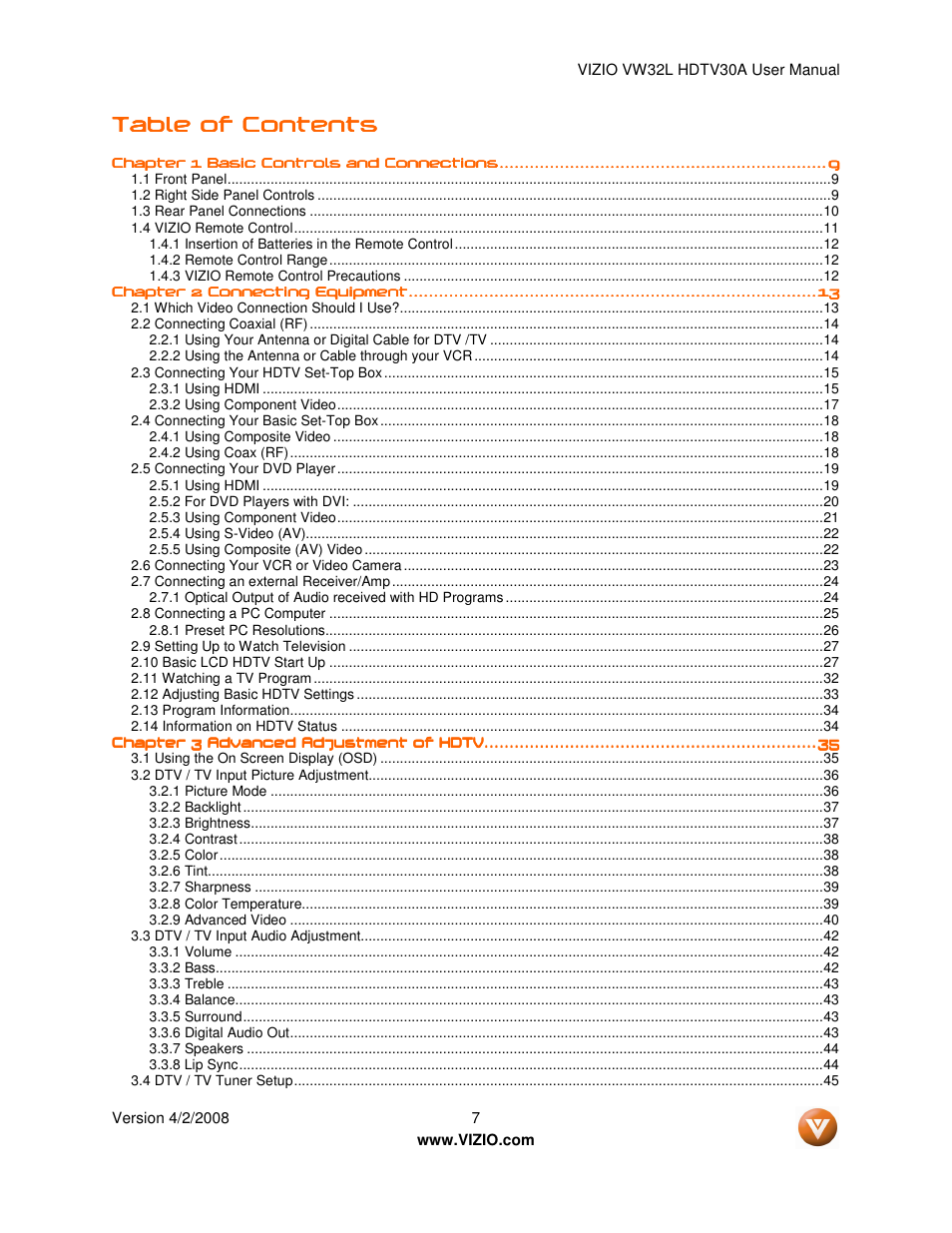 Vizio HDTV30A VW32L User Manual | Page 7 / 71