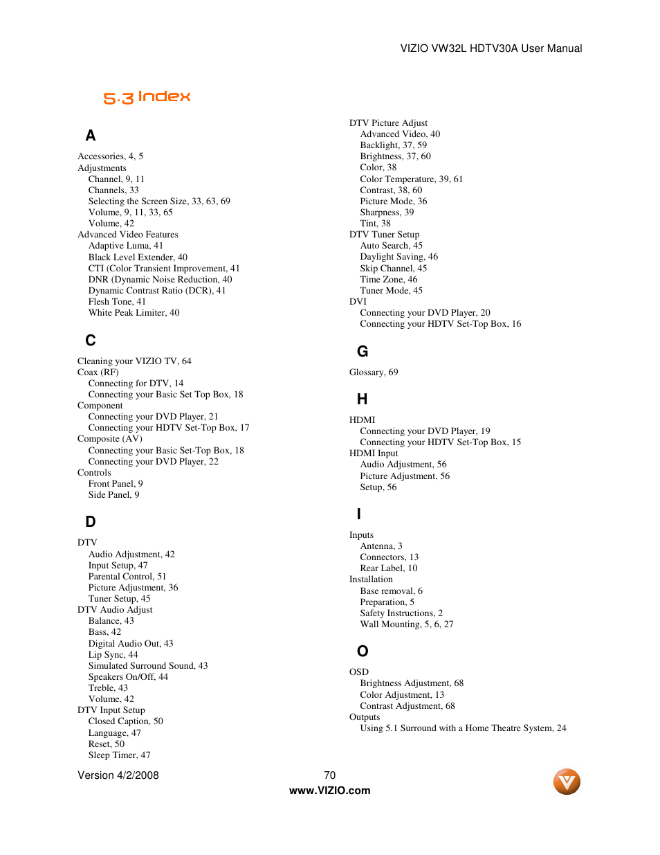 3 index index index index a | Vizio HDTV30A VW32L User Manual | Page 70 / 71