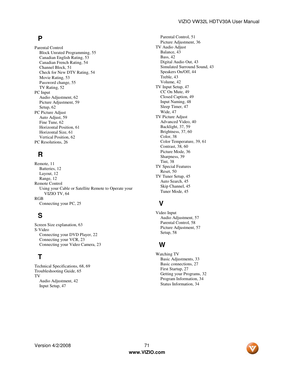 Vizio HDTV30A VW32L User Manual | Page 71 / 71