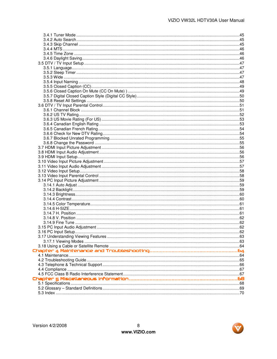 Vizio HDTV30A VW32L User Manual | Page 8 / 71