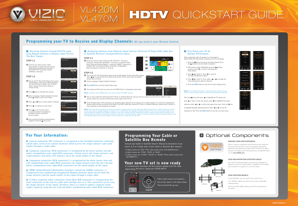 Vl420m_470m_qsg_back_031309, Hdtv quickstart guide, Ptional | Programming your cable or satellite box remote, For your information, Your new tv set is now ready | Vizio VL420M User Manual | Page 2 / 2