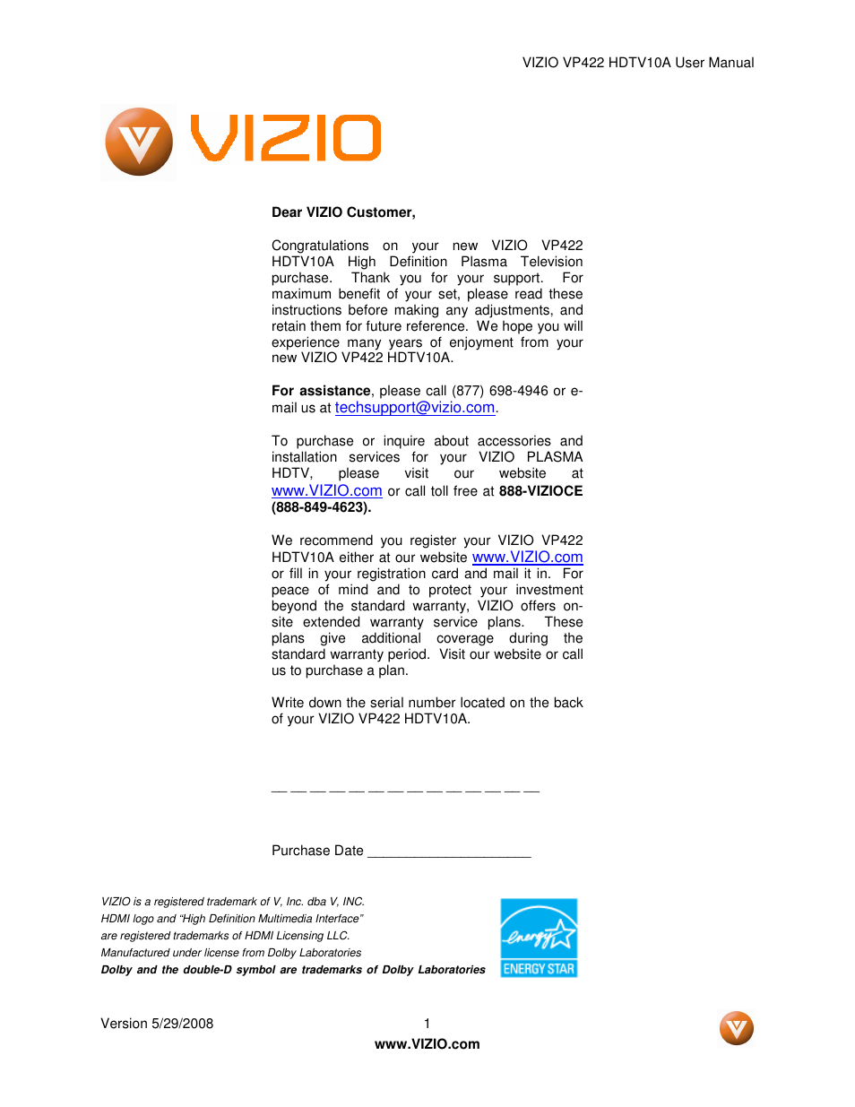 Vizio VP422 HDTV10A User Manual | 71 pages