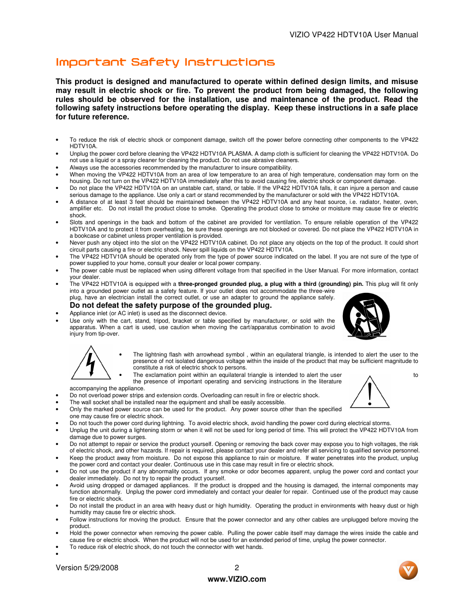 Important safety instructions | Vizio VP422 HDTV10A User Manual | Page 2 / 71