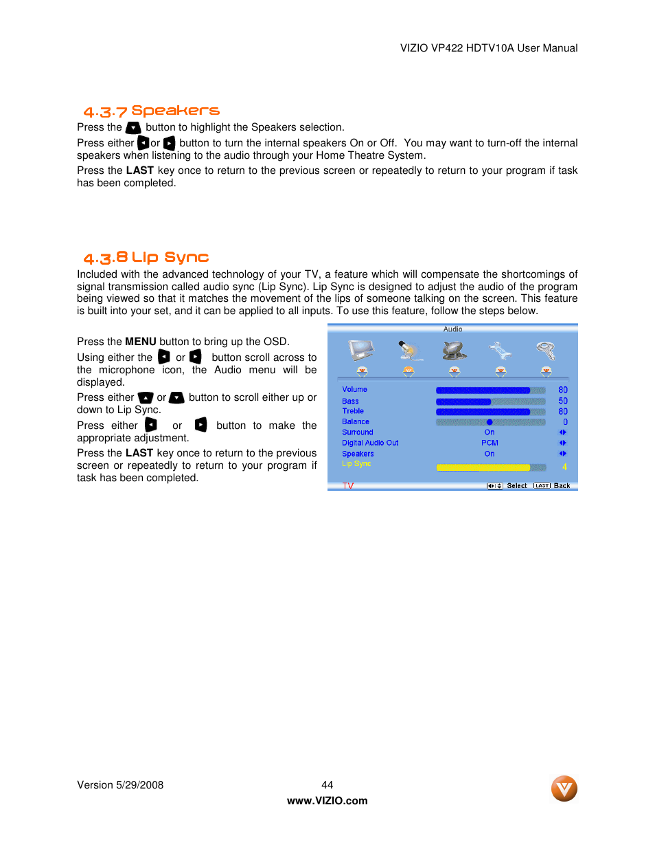 Vizio VP422 HDTV10A User Manual | Page 44 / 71