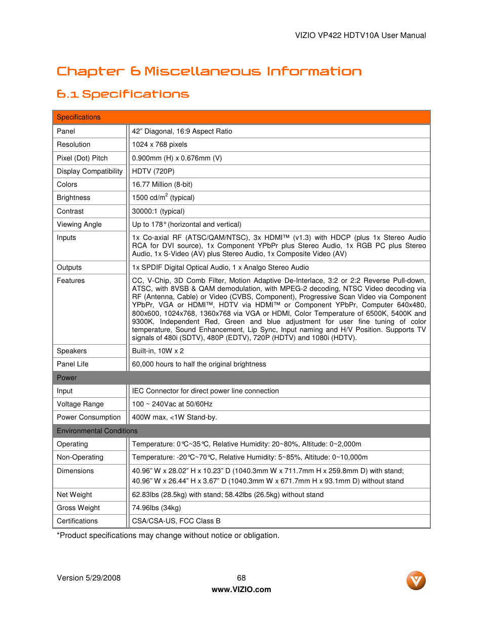 Chapter 6 | Vizio VP422 HDTV10A User Manual | Page 68 / 71