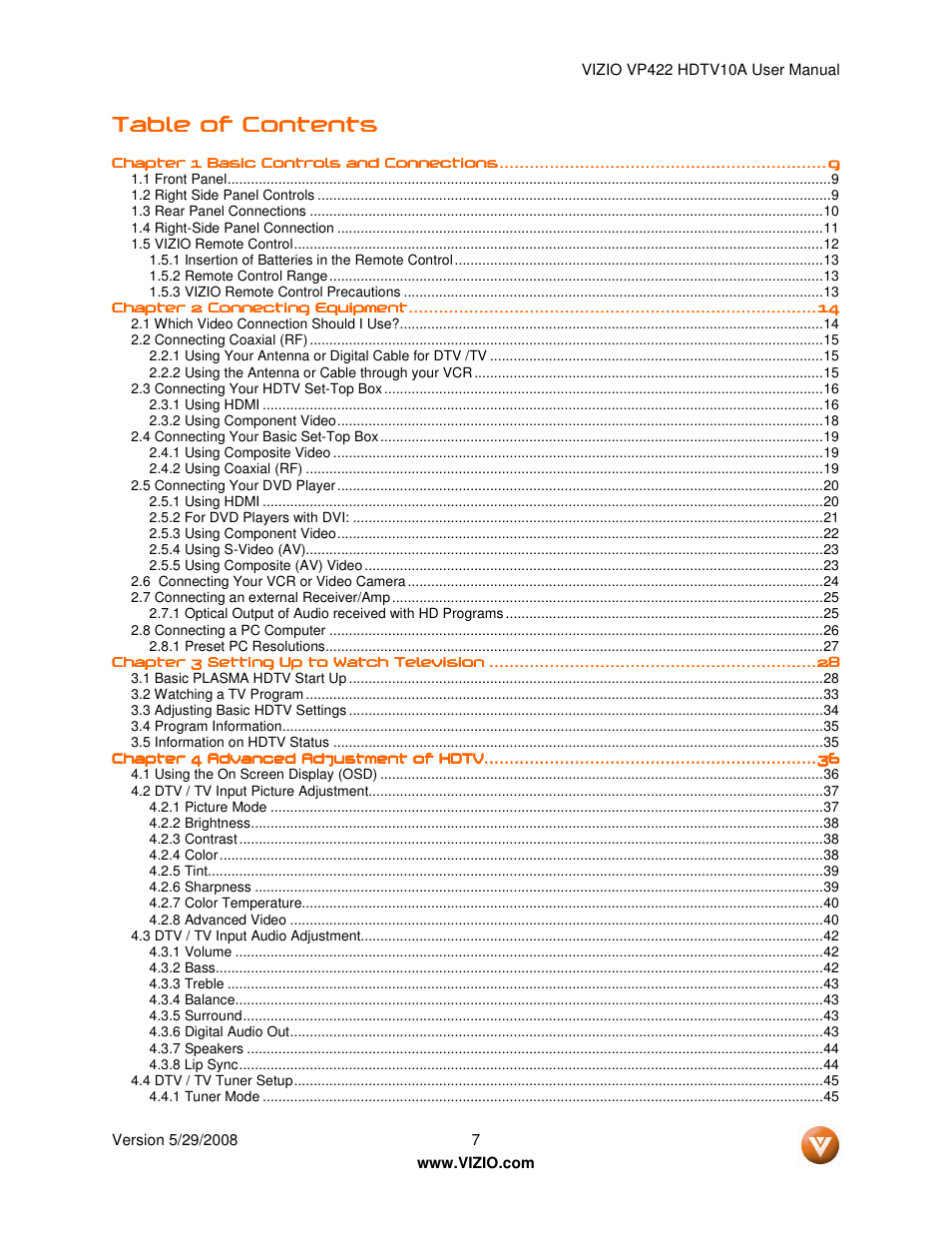 Vizio VP422 HDTV10A User Manual | Page 7 / 71
