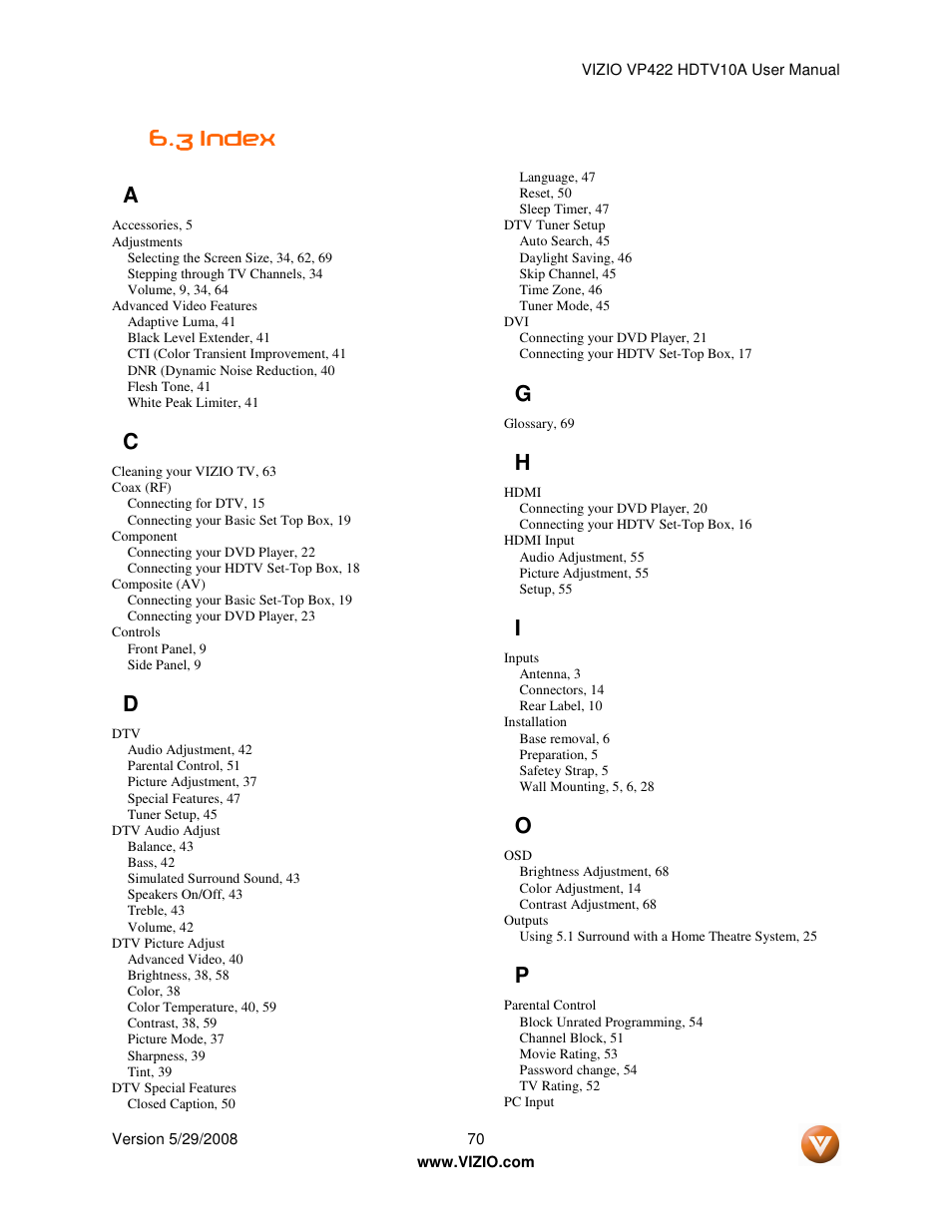 3 index index index index a | Vizio VP422 HDTV10A User Manual | Page 70 / 71