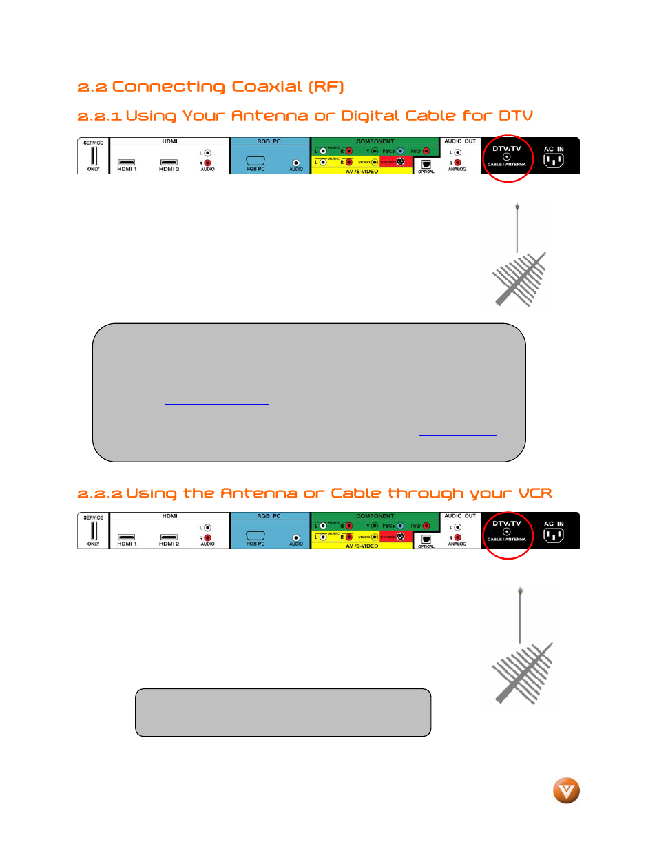 2 connecting coaxial (rf), Using your antenna or digital cable for dtv, Using the antenna or cable through your vcr | 1 using your antenna or digital cable for dtv, 2 using the antenna or cable through your vcr | Vizio VP504 FHDTV10A User Manual | Page 17 / 106