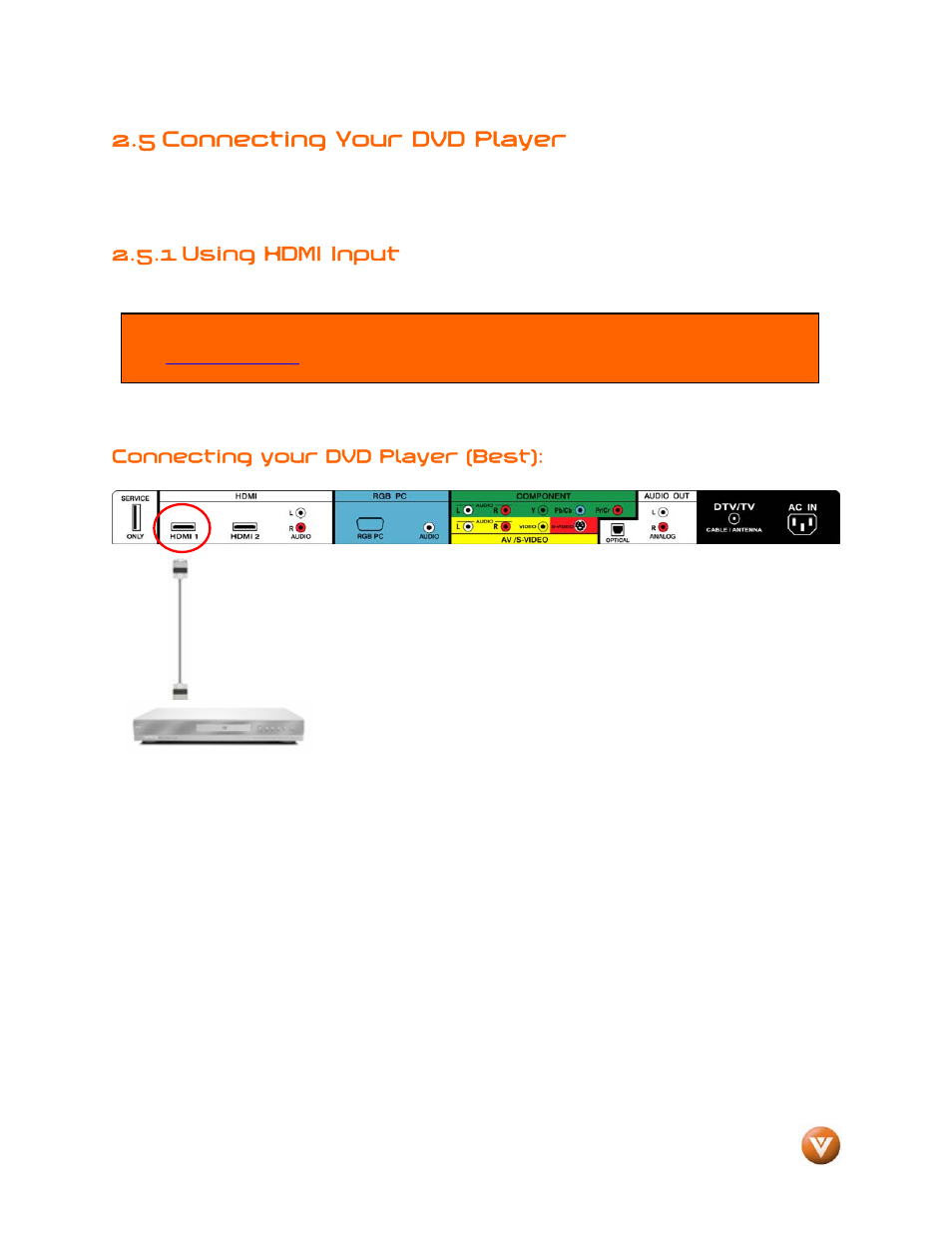 5 connecting your dvd player, 1 using hdmi input | Vizio VP504 FHDTV10A User Manual | Page 22 / 106