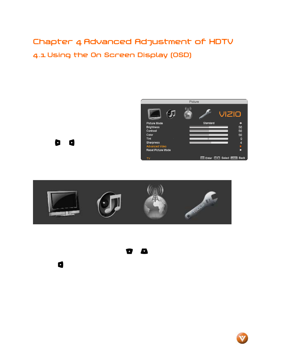 Chapter 4 advanced adjustment of hdtv, 1 using the on screen display (osd) | Vizio VP504 FHDTV10A User Manual | Page 39 / 106
