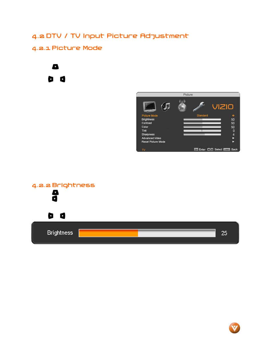 2 dtv / tv input picture adjustment, 1 picture mode, 2 brightness | Vizio VP504 FHDTV10A User Manual | Page 40 / 106