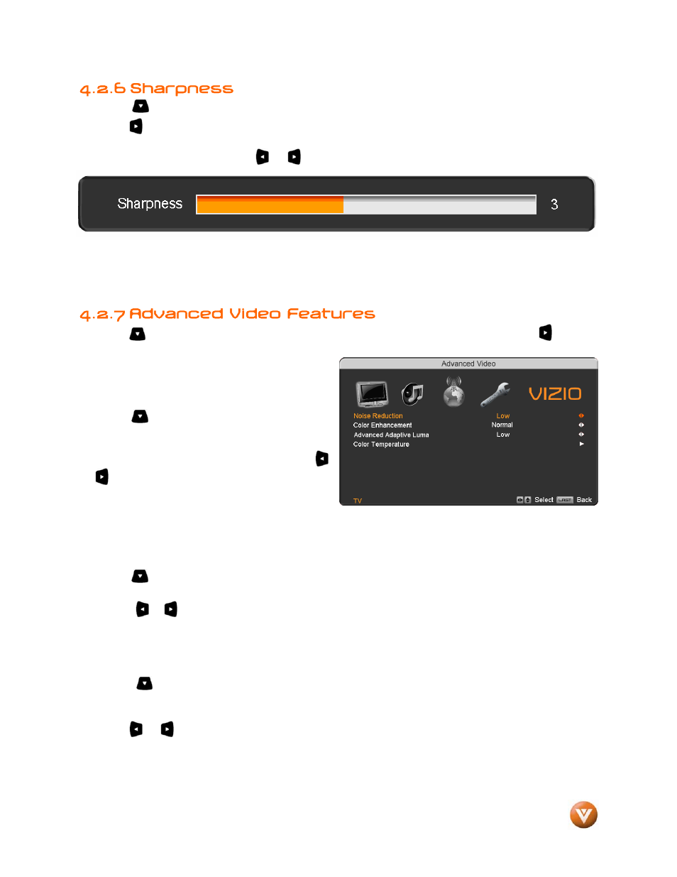 6 sharpness, 7 advanced video features, Noise reduction (nr) | Color enhancement, Advanced adaptive luma | Vizio VP504 FHDTV10A User Manual | Page 42 / 106