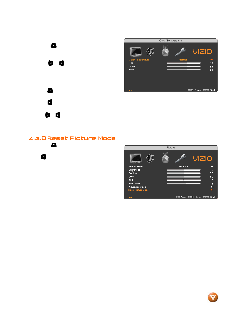 Color temperature, Reset picture mode, 8 reset picture mode | Vizio VP504 FHDTV10A User Manual | Page 43 / 106