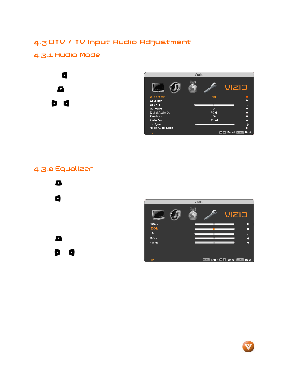 3 dtv / tv input audio adjustment, 1 audio mode, 2 equalizer | Vizio VP504 FHDTV10A User Manual | Page 44 / 106